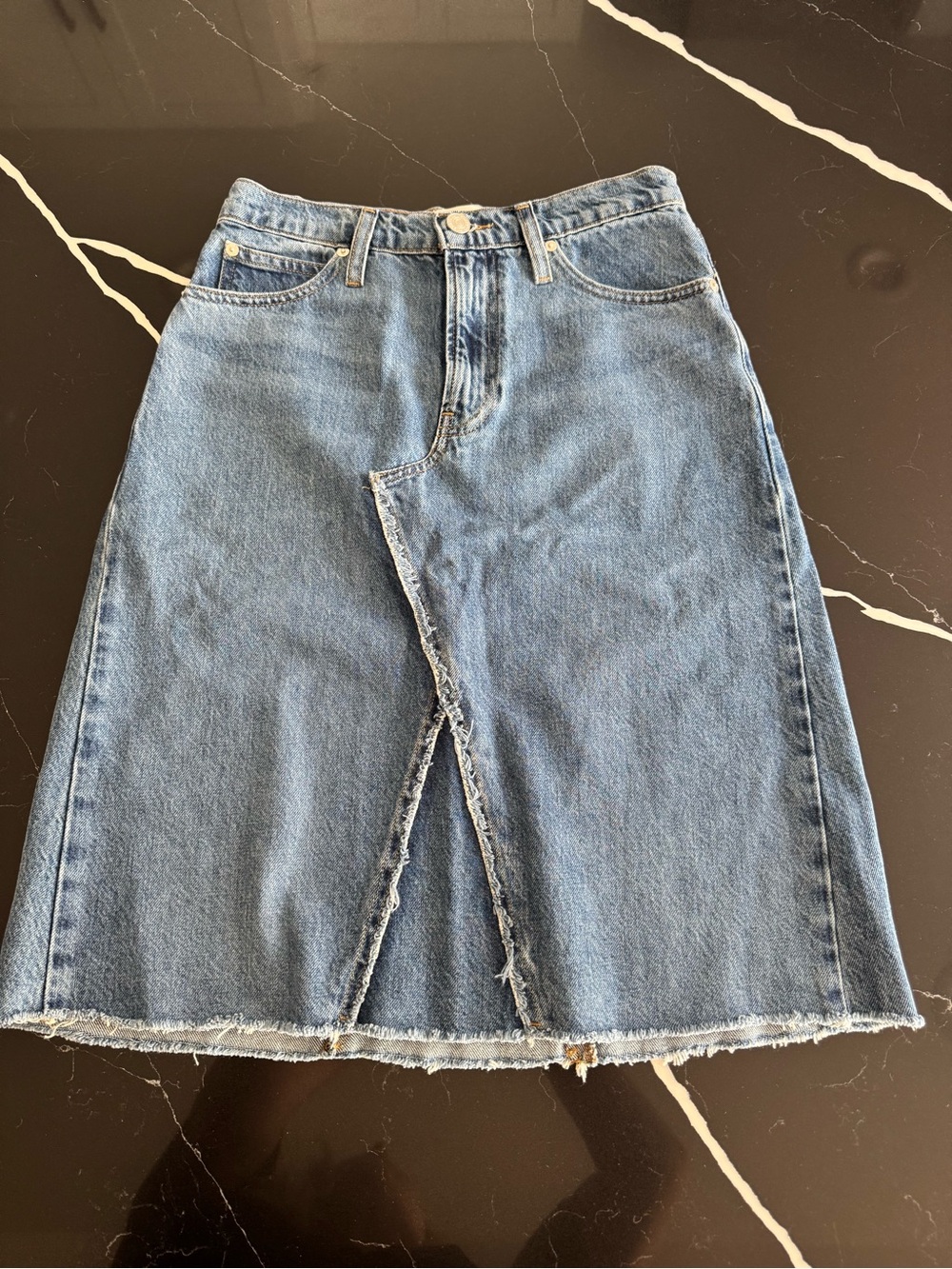 Frame Denim Light Blue Raw-Hem Midi Skirt with Front Overlap